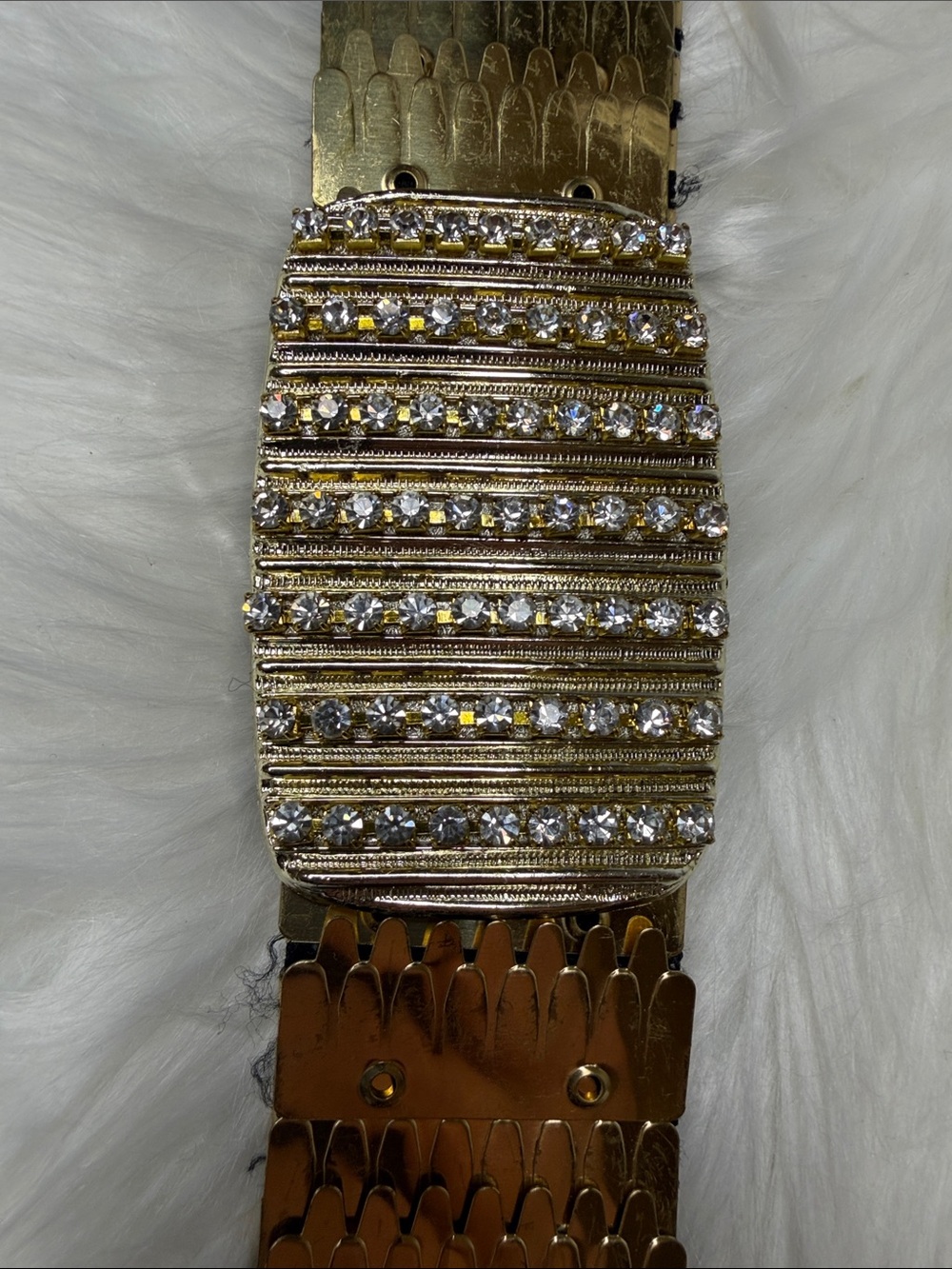 Vintage 80s Gold Metallic Scale Elastic Belt Rhinestone Buckle SIZE LARGE/X-LG - Picture 5 of 13